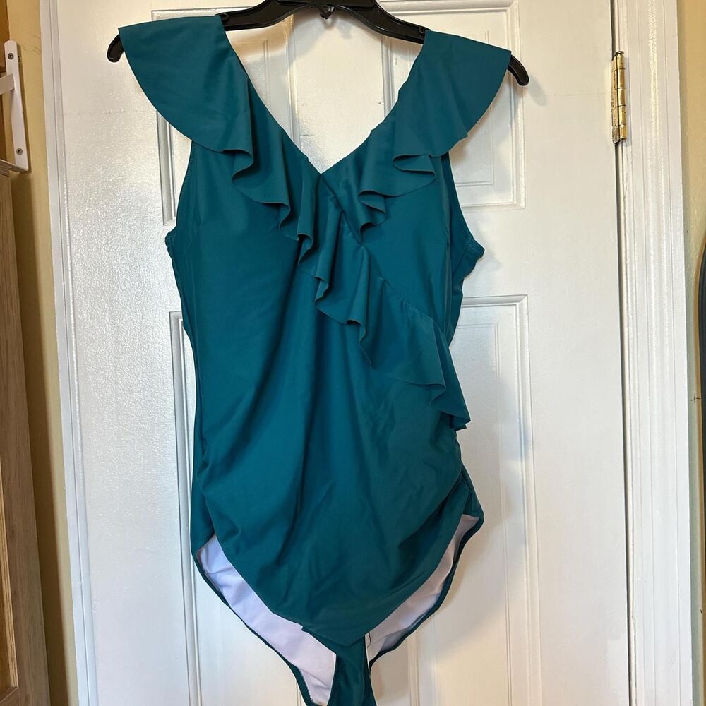 NWT Blooming Jelly One Piece Swimsuit Teal Emerald green Ruffle swimming V-Neck